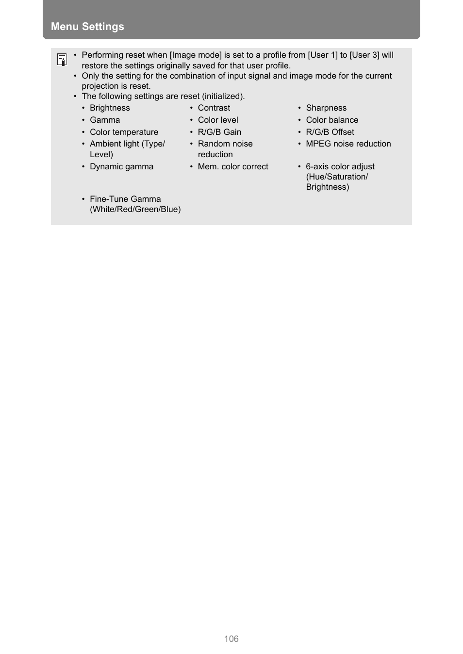 Menu settings | Canon REALiS 4K501ST Pro AV 5000-Lumen LCoS Projector User Manual | Page 106 / 196