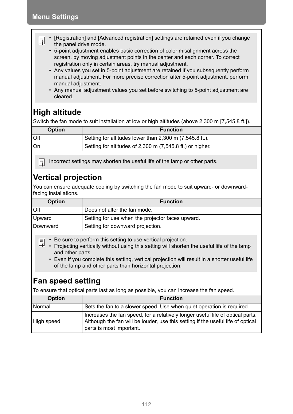 High altitude, Vertical projection, Fan speed setting | P112, Menu settings | Canon REALiS 4K501ST Pro AV 5000-Lumen LCoS Projector User Manual | Page 112 / 196