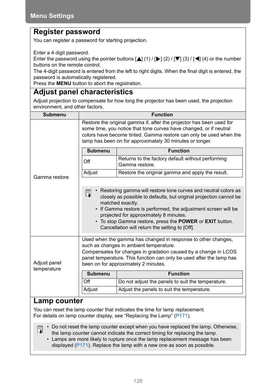 Register password, Adjust panel characteristics, Lamp counter | Buttons, P128, Menu settings | Canon REALiS 4K501ST Pro AV 5000-Lumen LCoS Projector User Manual | Page 128 / 196