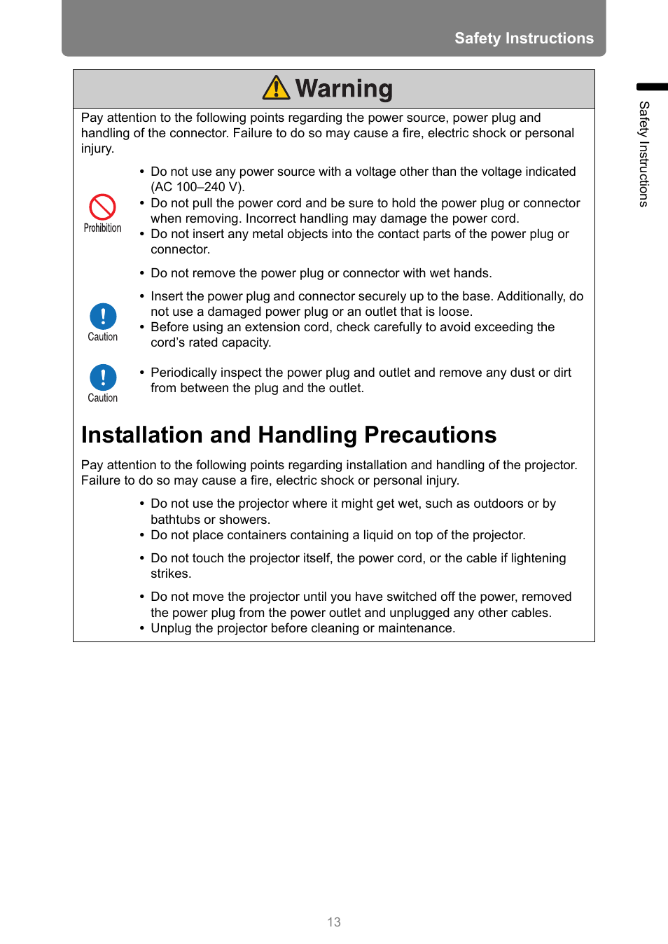 Installation and handling precautions | Canon REALiS 4K501ST Pro AV 5000-Lumen LCoS Projector User Manual | Page 13 / 196
