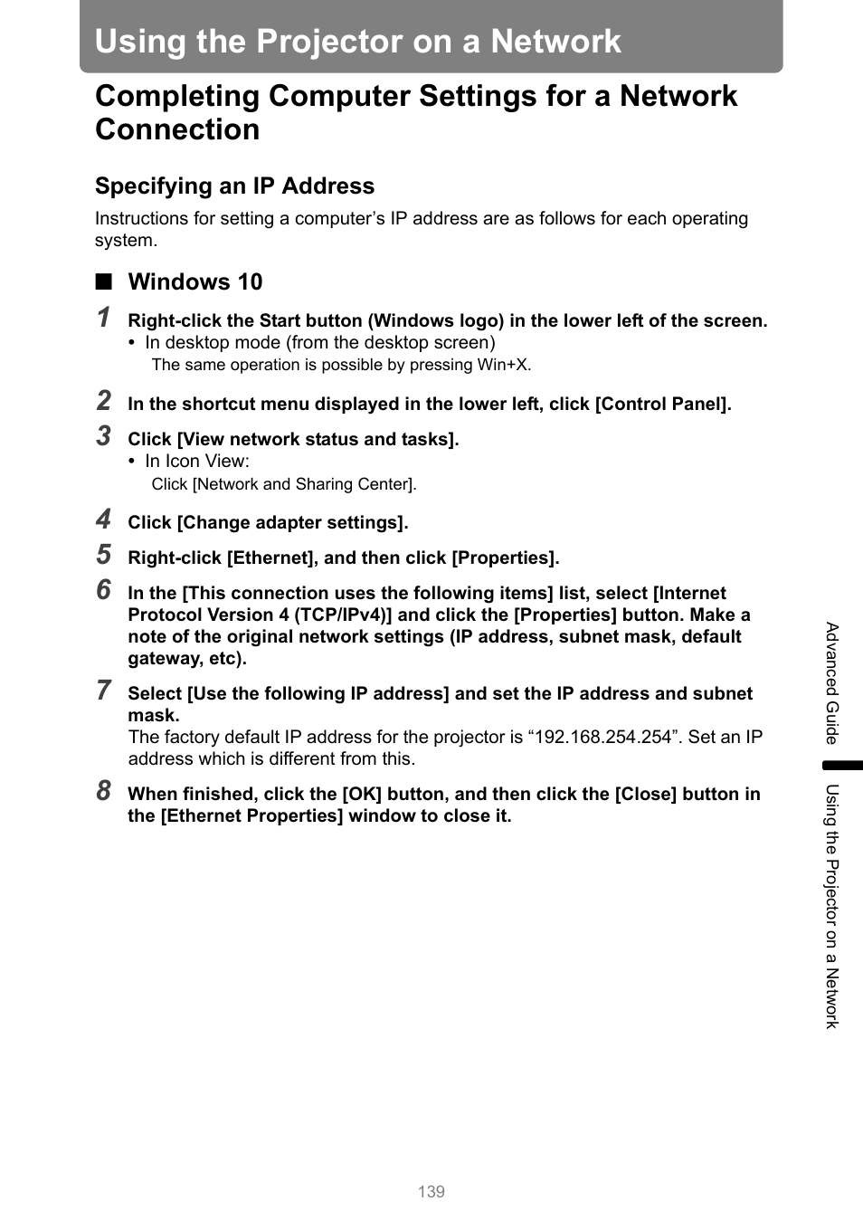 Using the projector on a network, Specifying an ip address, Windows 10 | P139, And use the web screen | Canon REALiS 4K501ST Pro AV 5000-Lumen LCoS Projector User Manual | Page 139 / 196