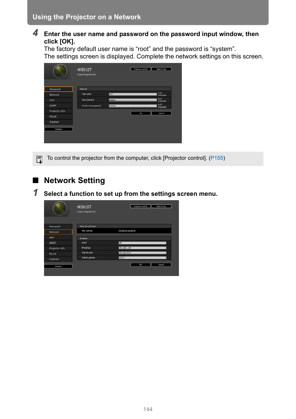 Network setting | Canon REALiS 4K501ST Pro AV 5000-Lumen LCoS Projector User Manual | Page 144 / 196