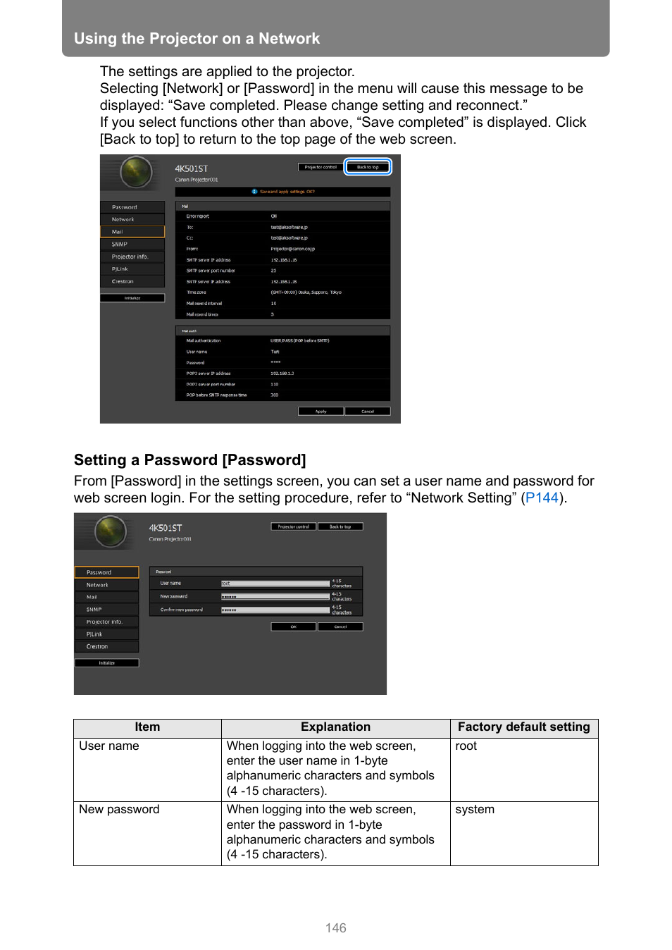 P146, Using the projector on a network, Setting a password [password | Canon REALiS 4K501ST Pro AV 5000-Lumen LCoS Projector User Manual | Page 146 / 196