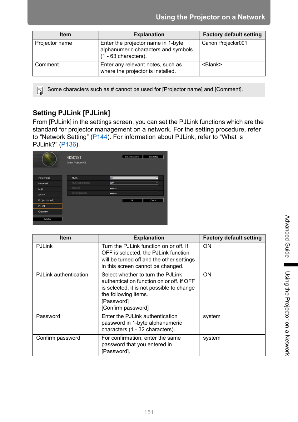 Pjlink, P151, Using the projector on a network | Setting pjlink [pjlink | Canon REALiS 4K501ST Pro AV 5000-Lumen LCoS Projector User Manual | Page 151 / 196