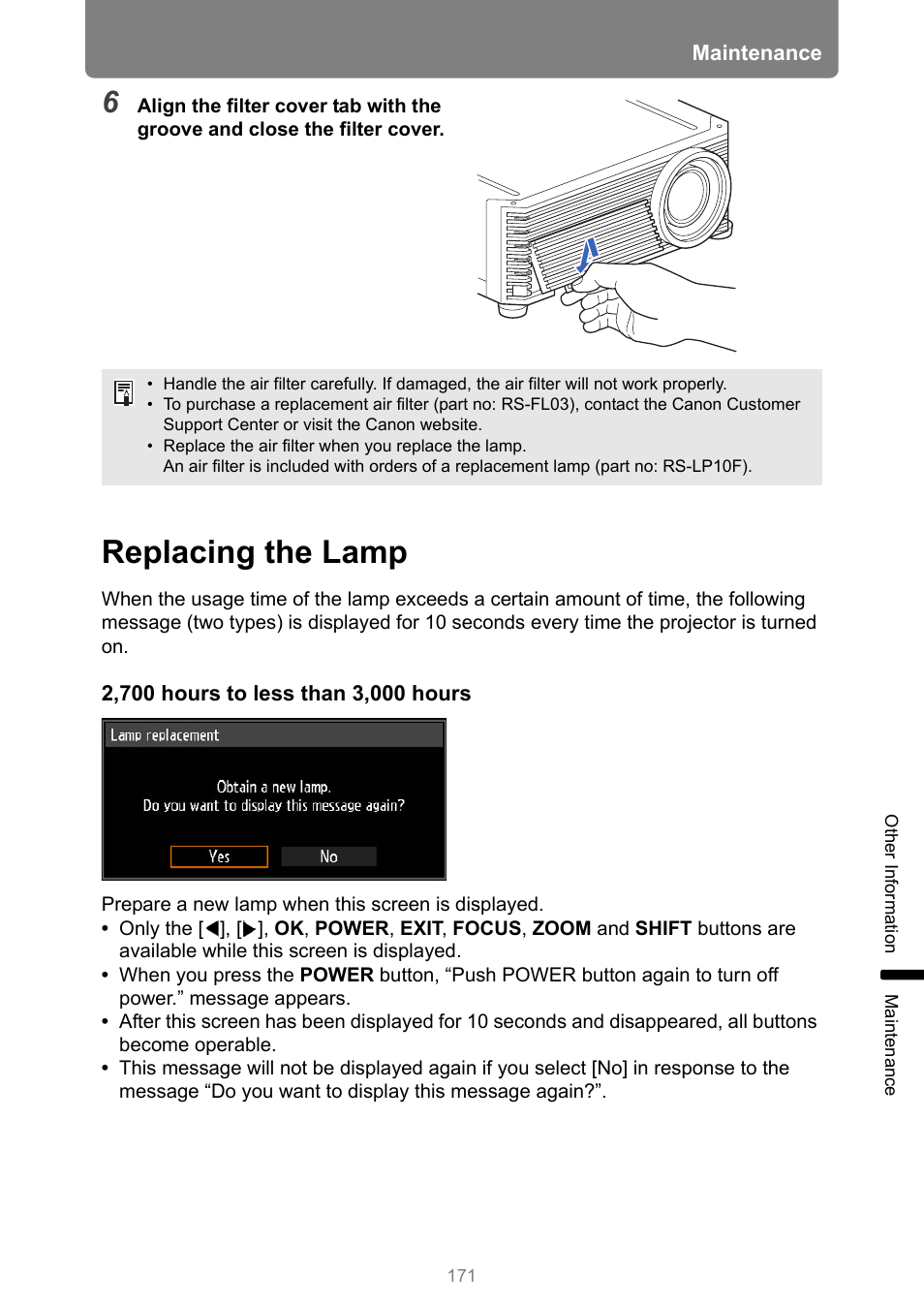 Replacing the lamp, See “replacing the lamp, P171 | Canon REALiS 4K501ST Pro AV 5000-Lumen LCoS Projector User Manual | Page 171 / 196