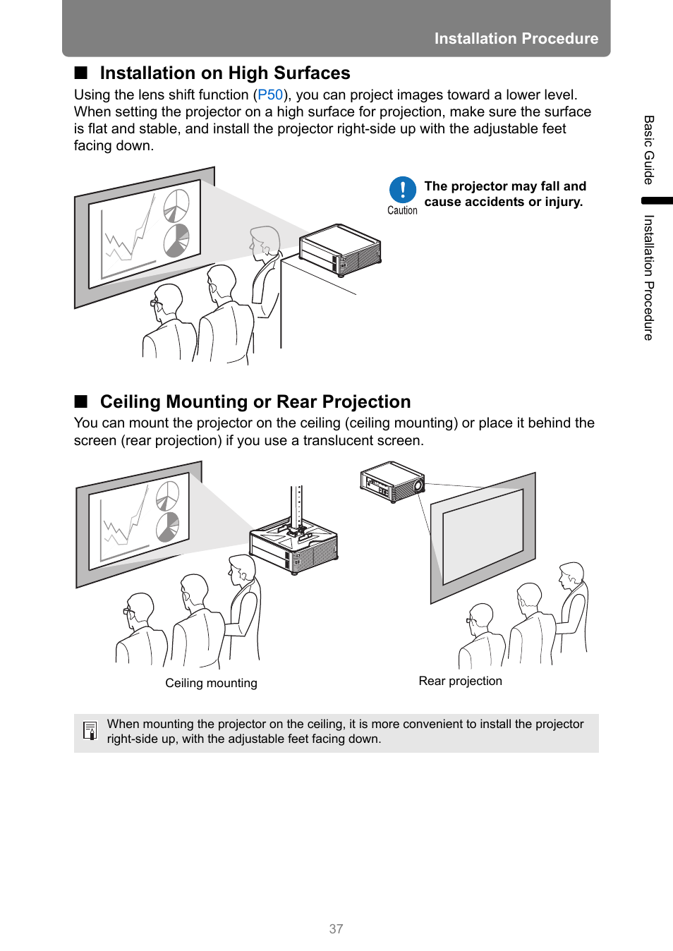Installation on high surfaces, Ceiling mounting or rear projection | Canon REALiS 4K501ST Pro AV 5000-Lumen LCoS Projector User Manual | Page 37 / 196