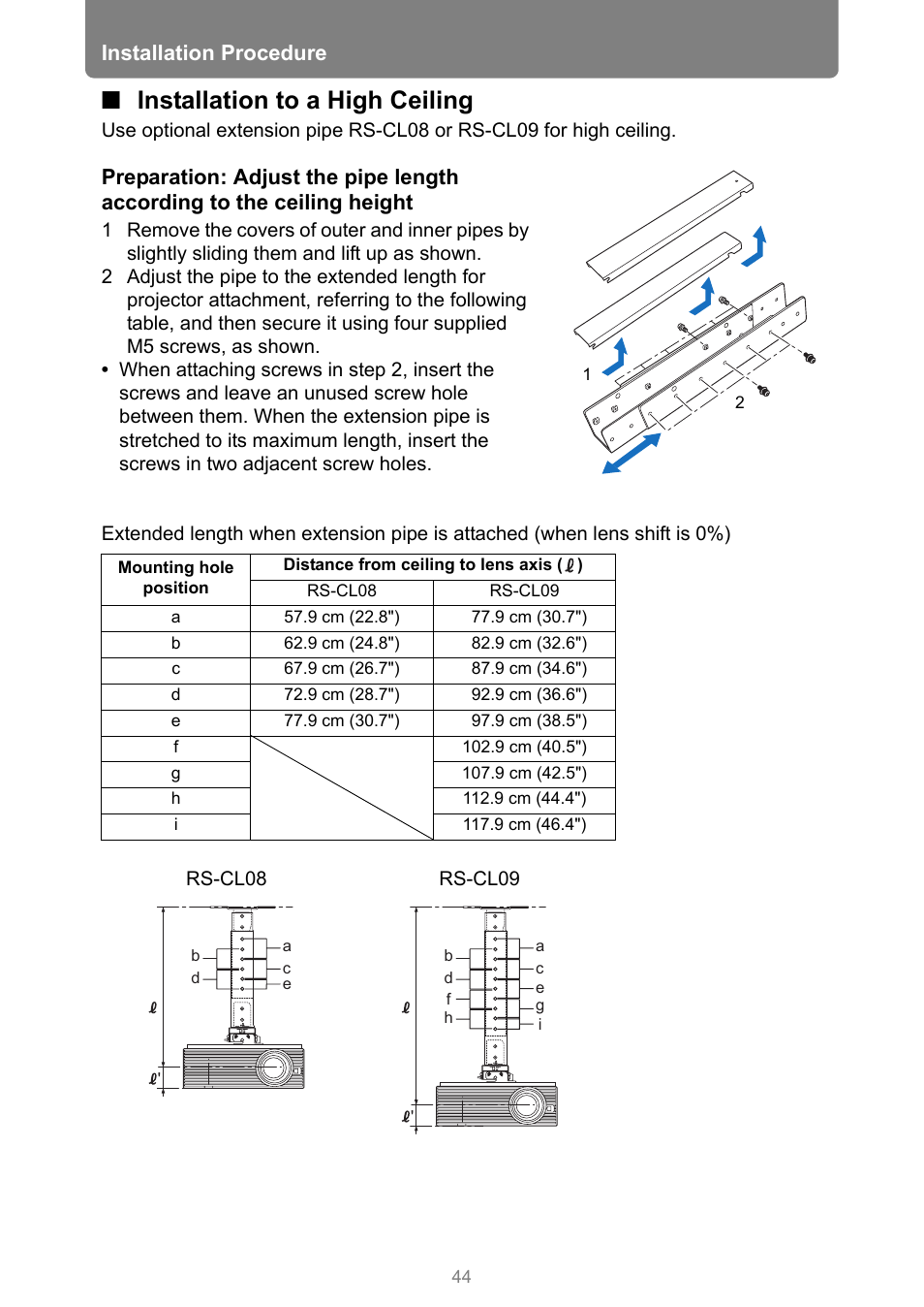 Installation to a high ceiling, Installation procedure | Canon REALiS 4K501ST Pro AV 5000-Lumen LCoS Projector User Manual | Page 44 / 196