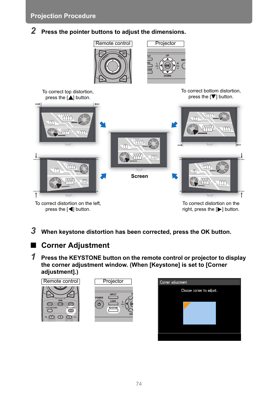 Corner adjustment | Canon REALiS 4K501ST Pro AV 5000-Lumen LCoS Projector User Manual | Page 74 / 196
