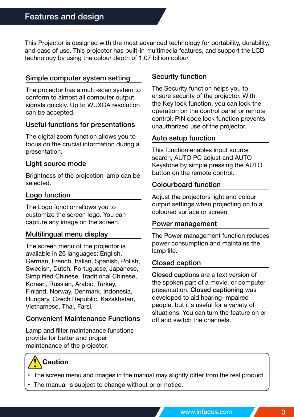 Features and design | InFocus IN1026 Advanced 4200-Lumen WXGA 3LCD Projector User Manual | Page 3 / 131