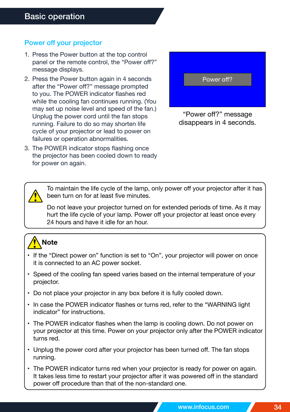 Power off your projector, Basic operation | InFocus IN1026 Advanced 4200-Lumen WXGA 3LCD Projector User Manual | Page 34 / 131