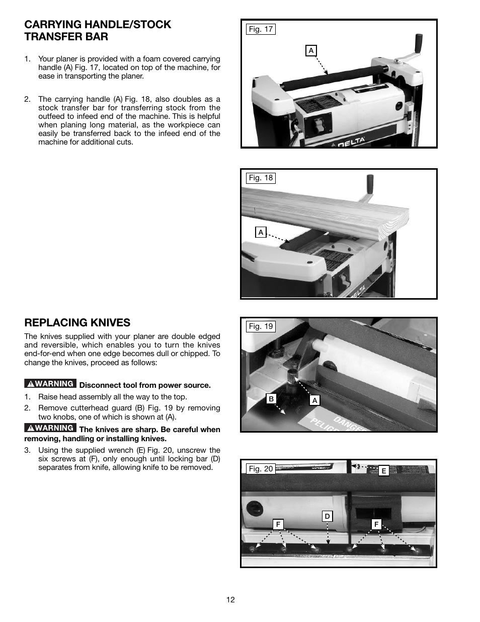 Carrying handle/stock transfer bar, Replacing knives | Delta TP305 User Manual | Page 12 / 49