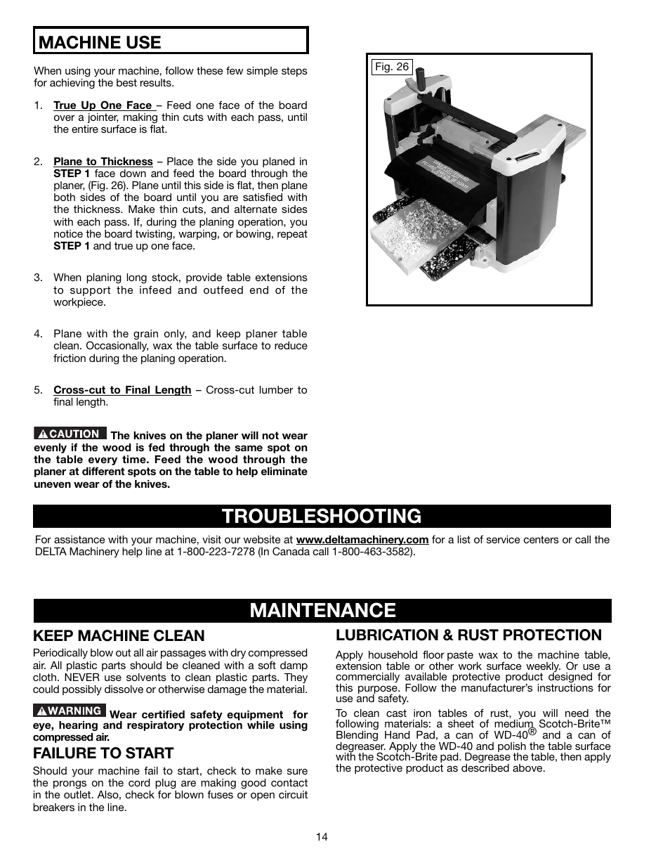 Troubleshooting, Maintenance, Machine use | Keep machine clean, Failure to start, Lubrication & rust protection | Delta TP305 User Manual | Page 14 / 49