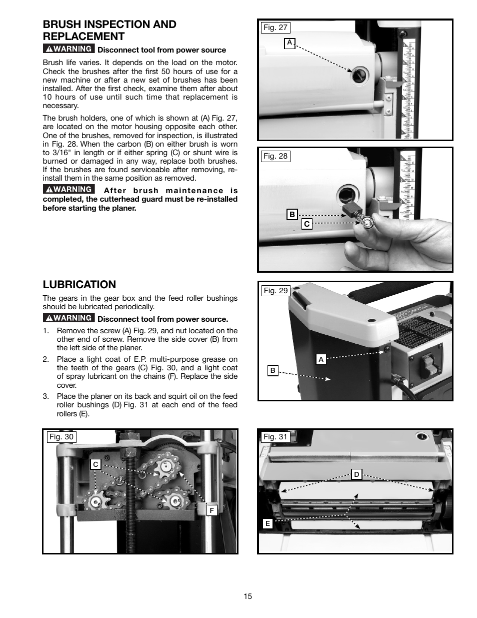 Brush inspection and replacement, Lubrication | Delta TP305 User Manual | Page 15 / 49