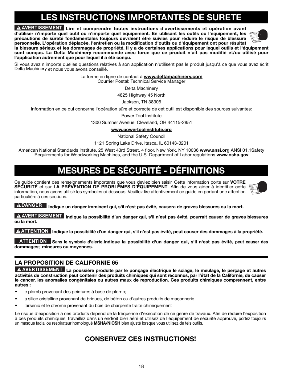 Mesures de sécurité - définitions, Les instructions importantes de surete, Conservez ces instructions | Delta TP305 User Manual | Page 18 / 49