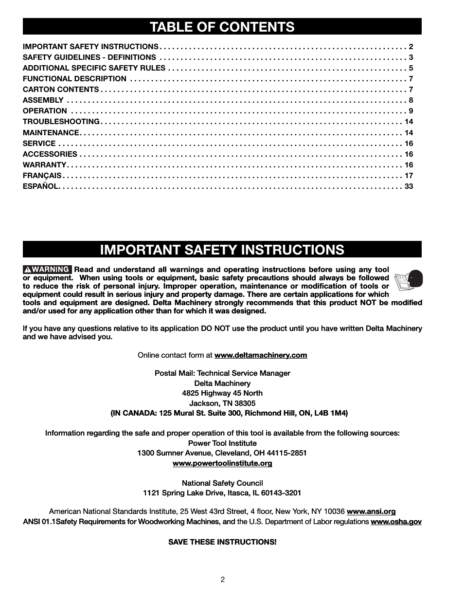 Important safety instructions table of contents | Delta TP305 User Manual | Page 2 / 49