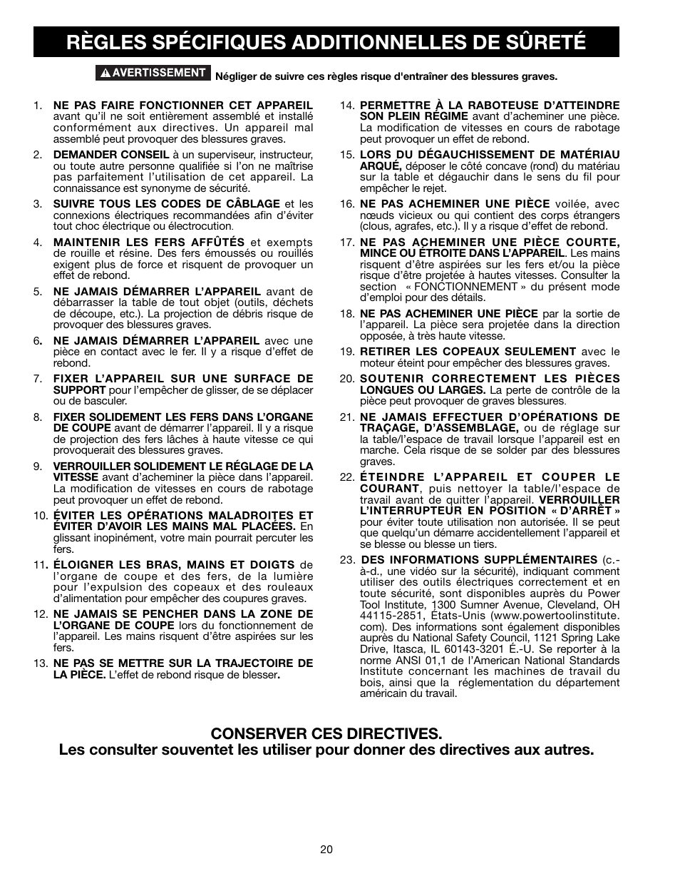 Règles spécifiques additionnelles de sûreté | Delta TP305 User Manual | Page 20 / 49