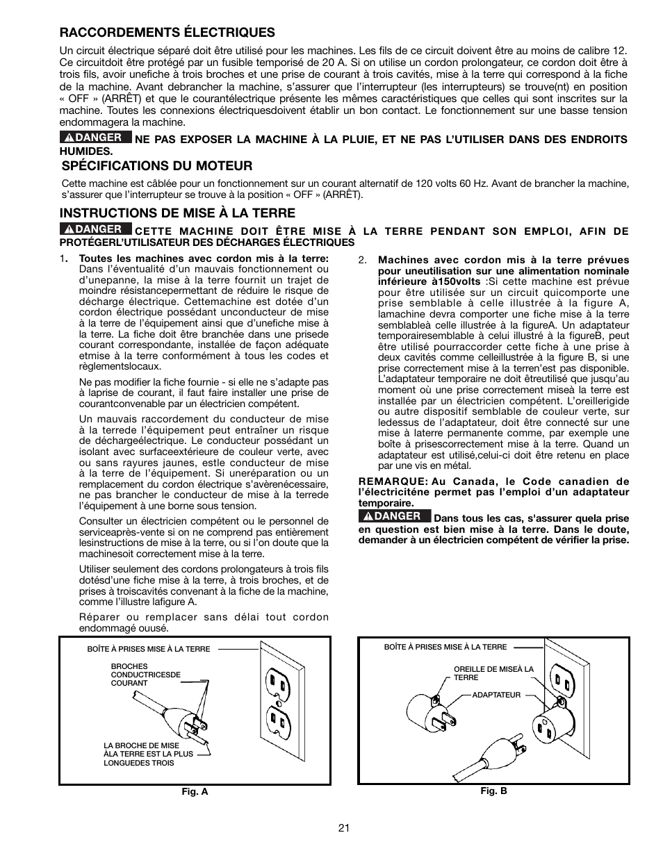 Raccordements électriques, Instructions de mise à la terre, Spécifications du moteur | Delta TP305 User Manual | Page 21 / 49