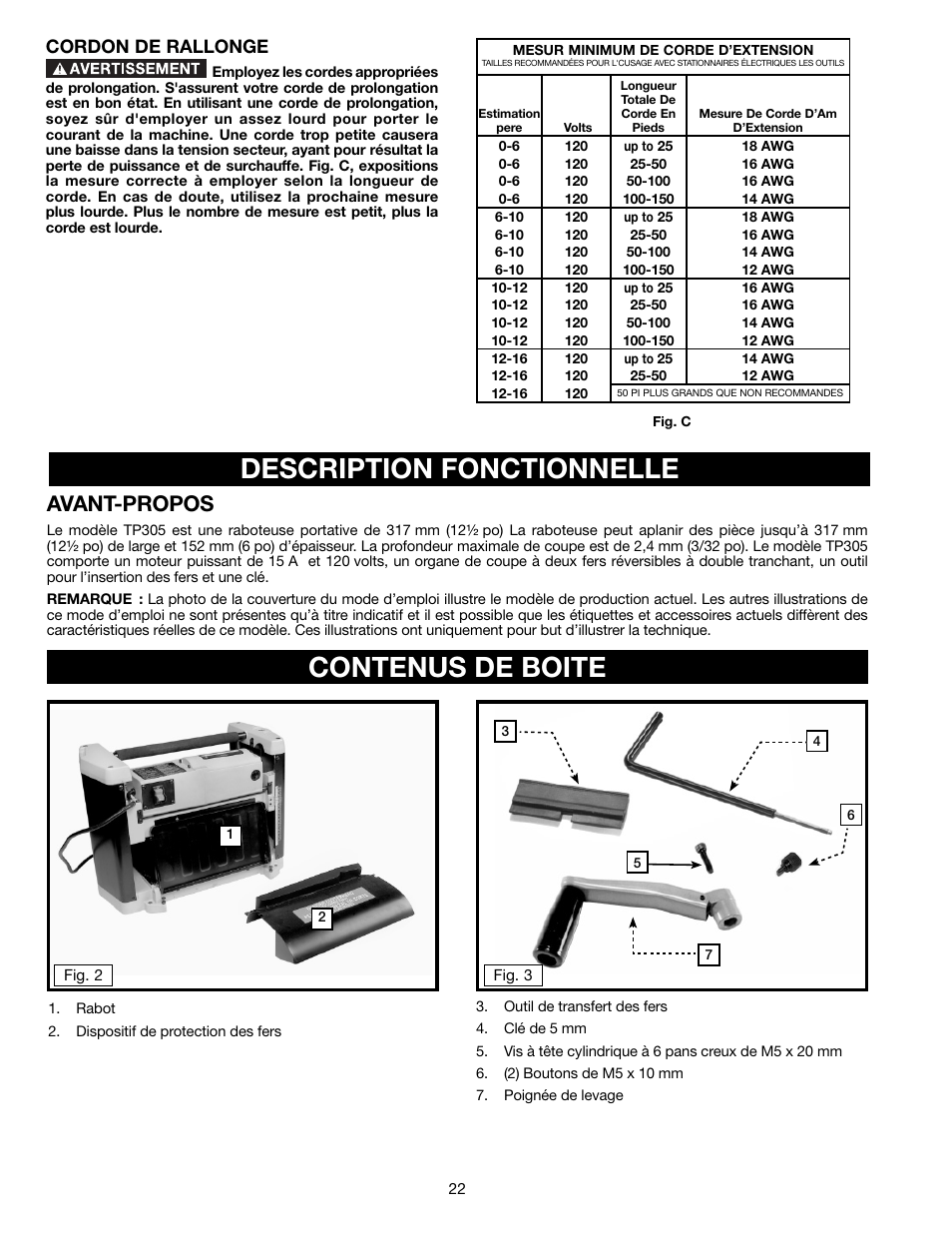 Description fonctionnelle, Contenus de boite, Avant-propos | Cordon de rallonge | Delta TP305 User Manual | Page 22 / 49