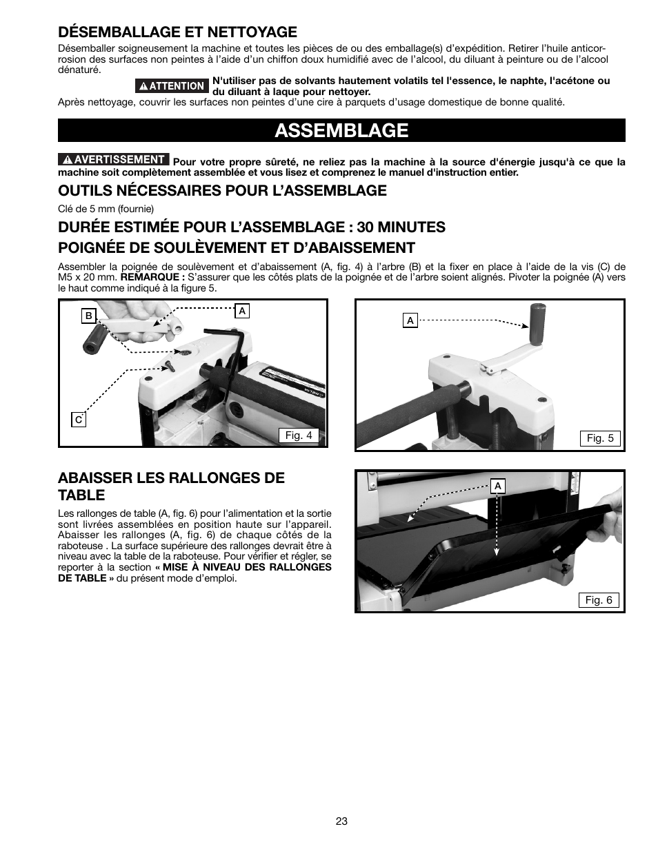 Assemblage, Désemballage et nettoyage, Outils nécessaires pour l’assemblage | Abaisser les rallonges de table | Delta TP305 User Manual | Page 23 / 49