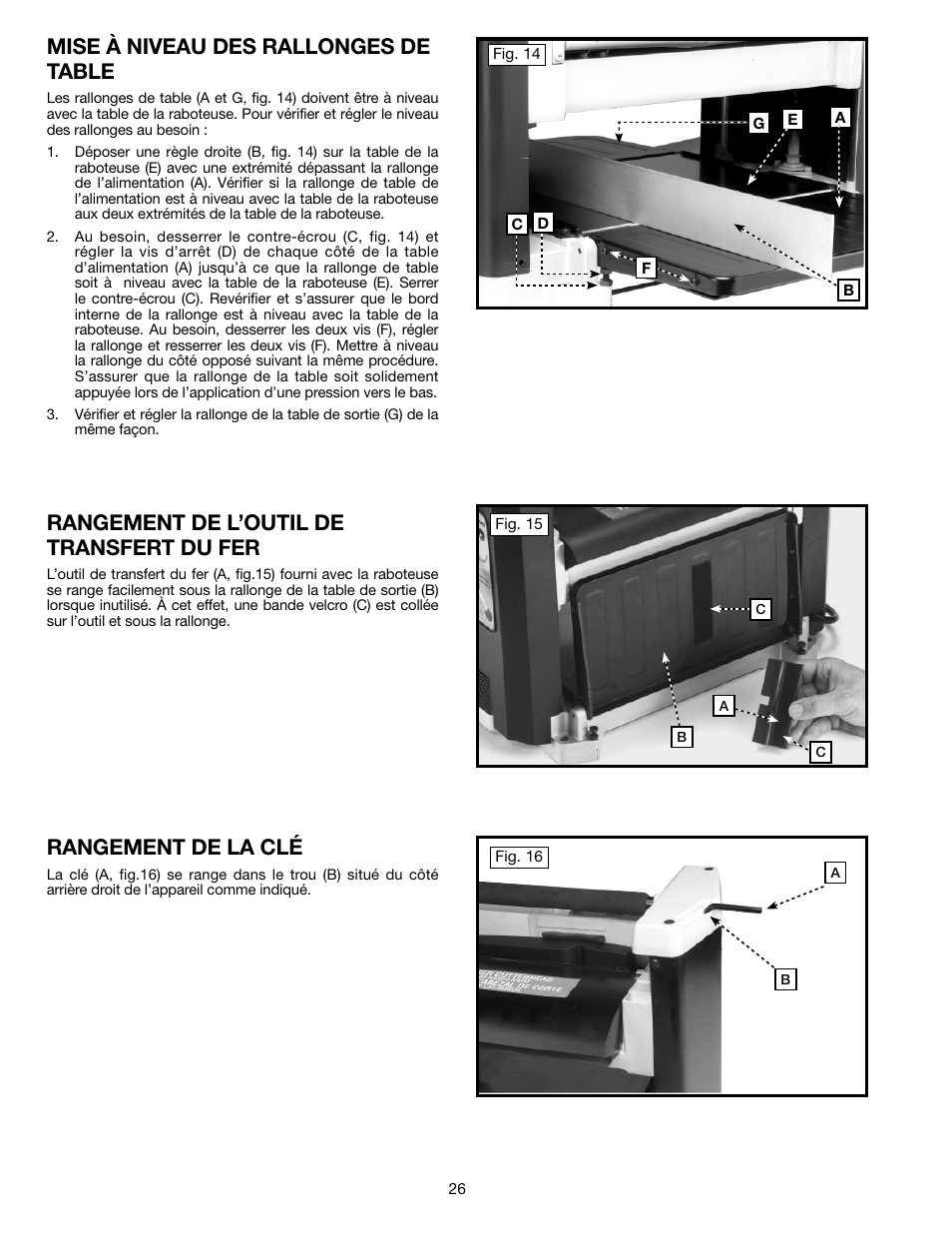 Mise à niveau des rallonges de table, Rangement de l’outil de transfert du fer, Rangement de la clé | Delta TP305 User Manual | Page 26 / 49