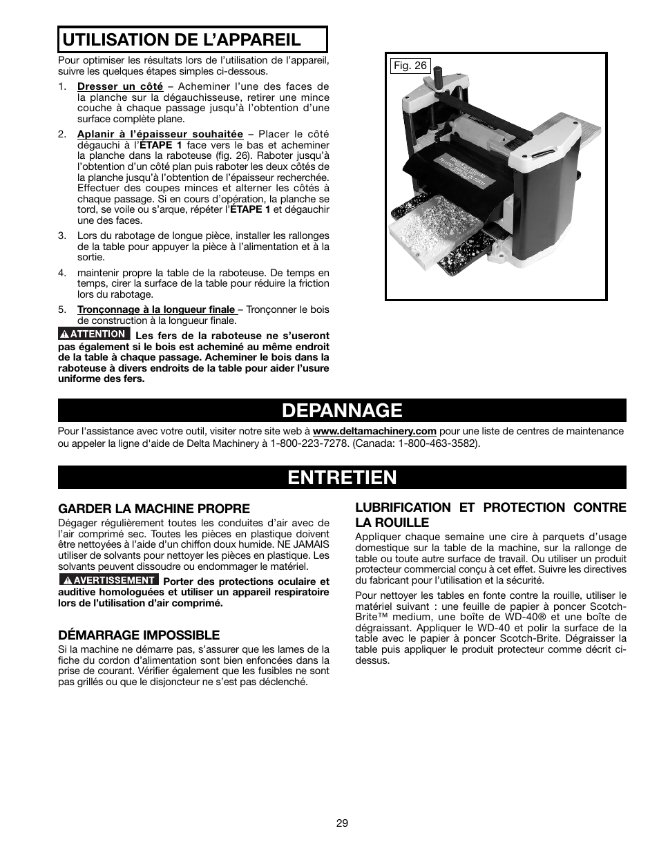 Entretien depannage, Utilisation de l’appareil | Delta TP305 User Manual | Page 29 / 49