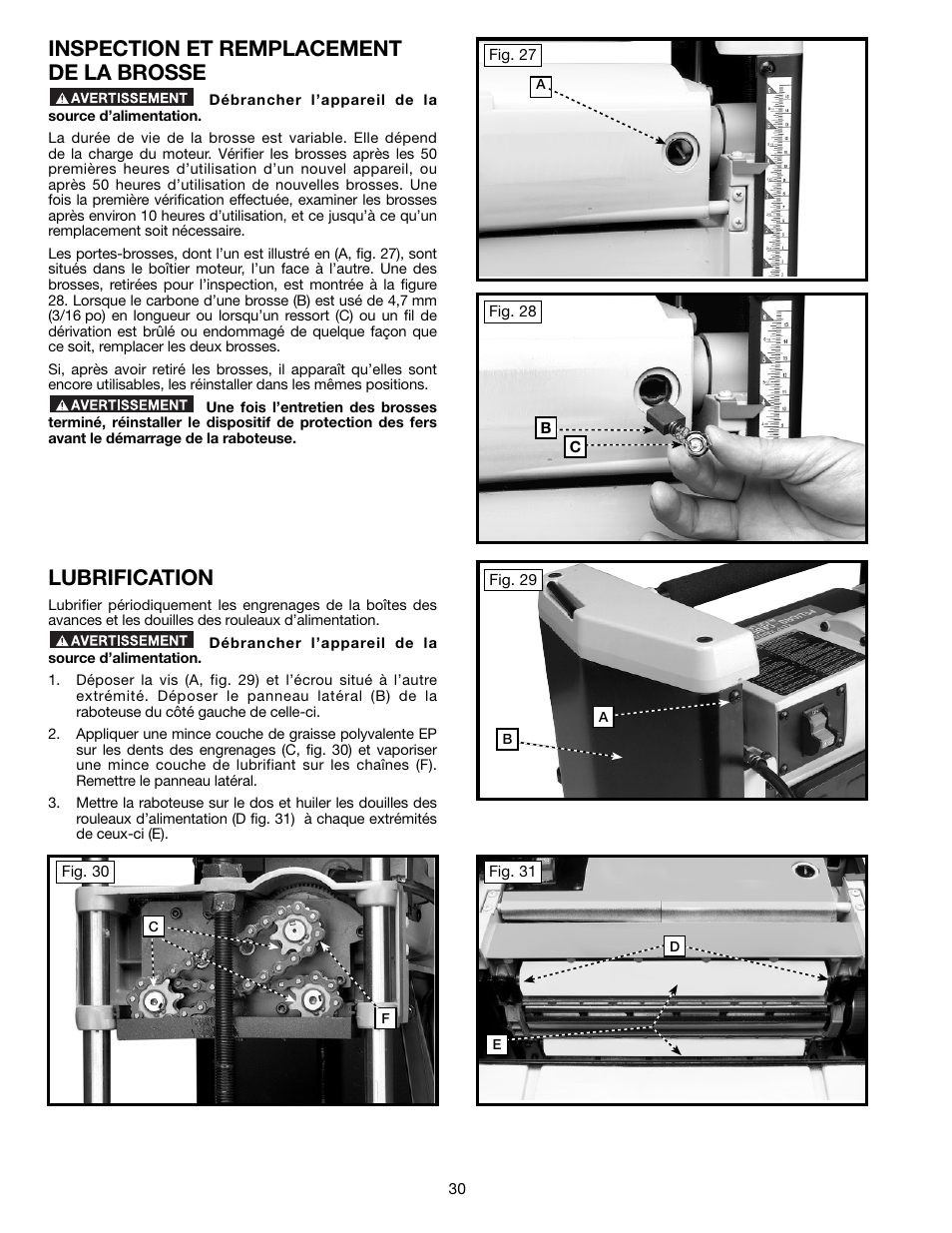 Inspection et remplacement de la brosse, Lubrification | Delta TP305 User Manual | Page 30 / 49