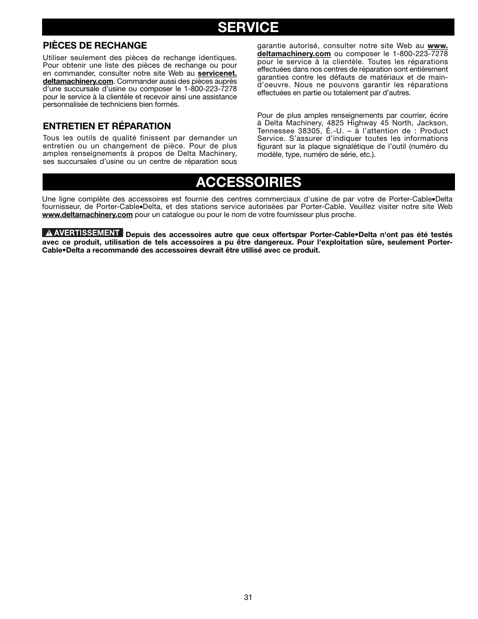 Accessoiries, Service | Delta TP305 User Manual | Page 31 / 49