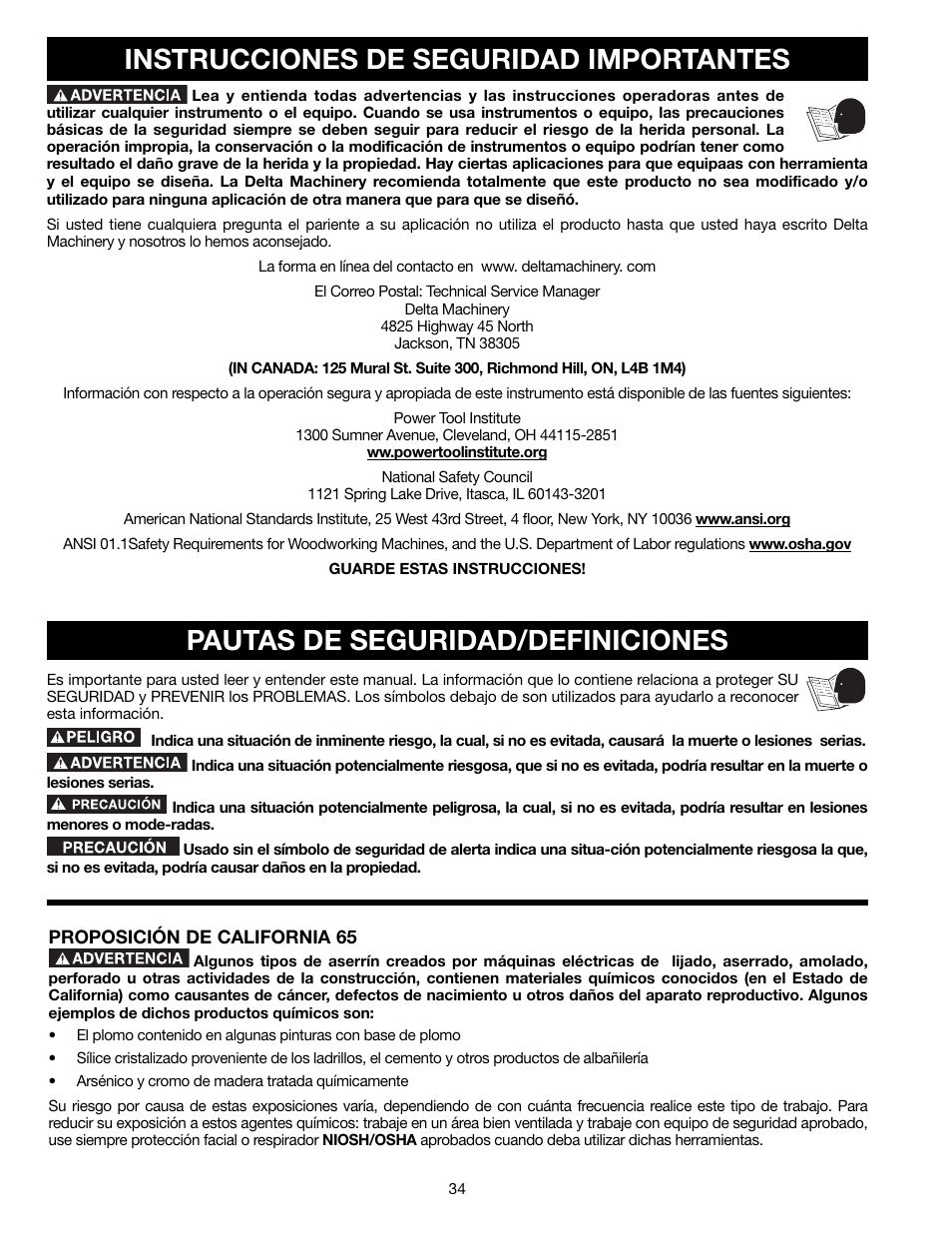 Pautas de seguridad/definiciones, Instrucciones de seguridad importantes | Delta TP305 User Manual | Page 34 / 49
