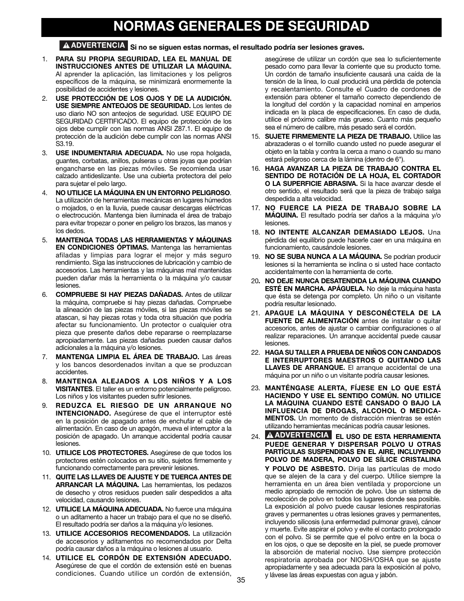 Normas generales de seguridad | Delta TP305 User Manual | Page 35 / 49