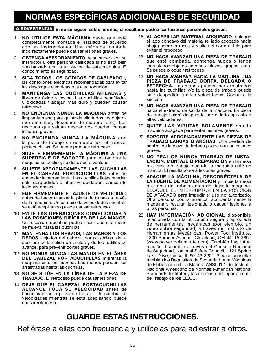 Normas específicas adicionales de seguridad | Delta TP305 User Manual | Page 36 / 49