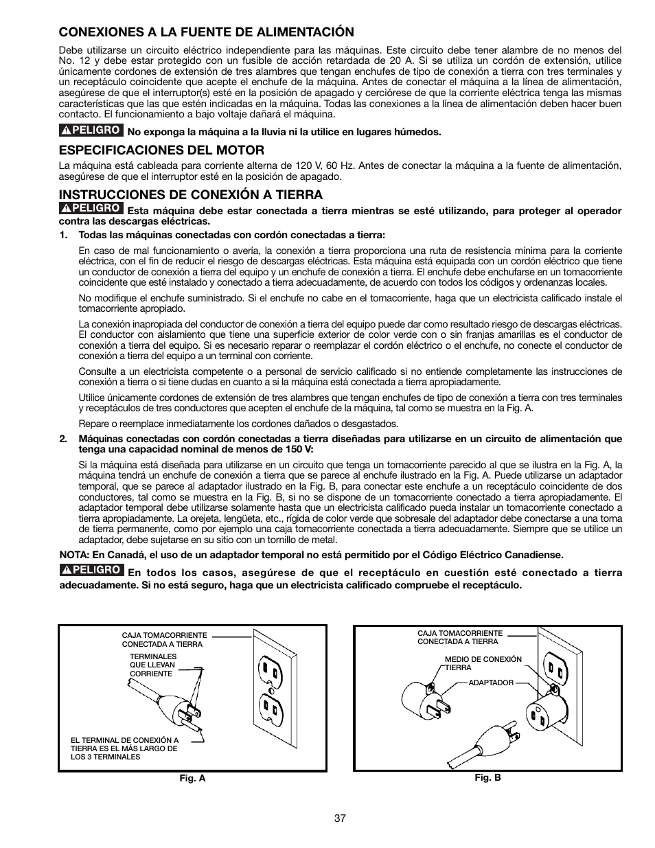 Conexiones a la fuente de alimentación, Especificaciones del motor, Instrucciones de conexión a tierra | Delta TP305 User Manual | Page 37 / 49