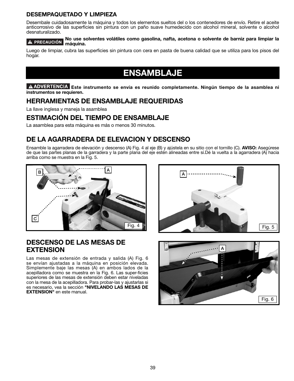 Ensamblaje, Herramientas de ensamblaje requeridas, Estimación del tiempo de ensamblaje | De la agarradera de elevacion y descenso, Descenso de las mesas de extension | Delta TP305 User Manual | Page 39 / 49