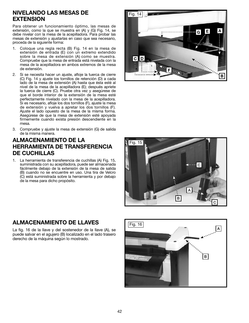 Nivelando las mesas de extension, Almacenamiento de llaves | Delta TP305 User Manual | Page 42 / 49
