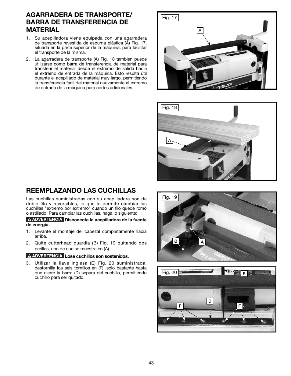 Reemplazando las cuchillas | Delta TP305 User Manual | Page 43 / 49