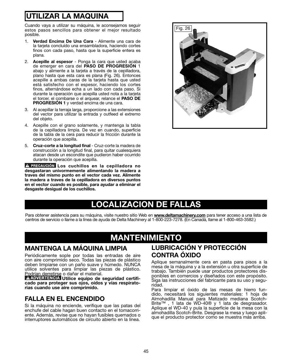 Mantenimiento localizacion de fallas, Utilizar la maquina, Mantenga la máquina limpia | Falla en el encendido, Lubricación y protección contra óxido | Delta TP305 User Manual | Page 45 / 49