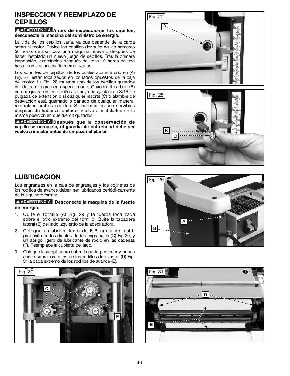 Inspeccion y reemplazo de cepillos, Lubricacion | Delta TP305 User Manual | Page 46 / 49