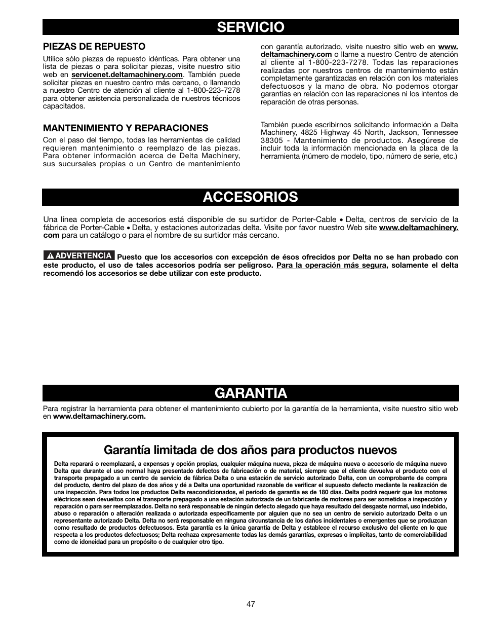 Servicio, Accesorios, Garantia | Delta TP305 User Manual | Page 47 / 49