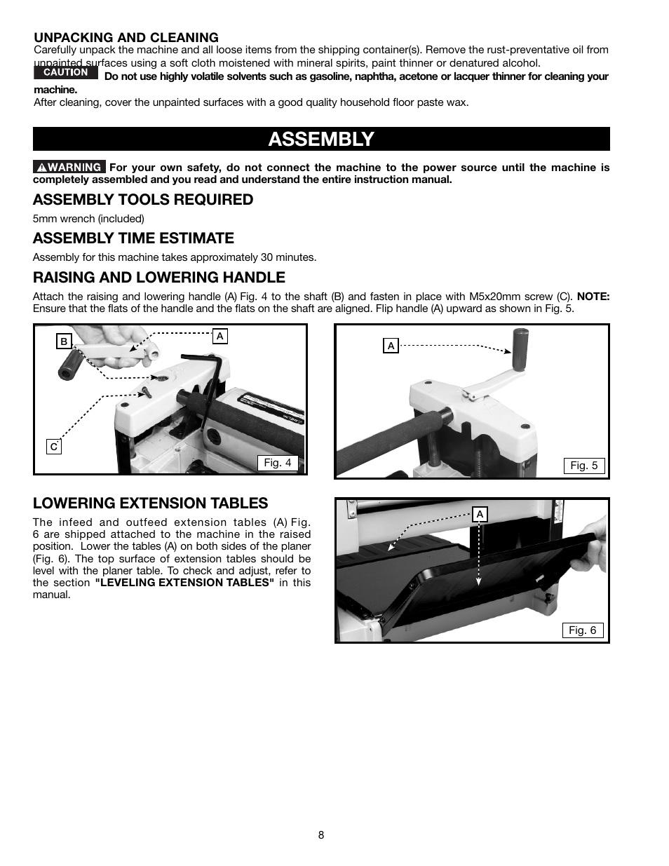 Assembly, Assembly tools required, Assembly time estimate | Raising and lowering handle, Lowering extension tables | Delta TP305 User Manual | Page 8 / 49