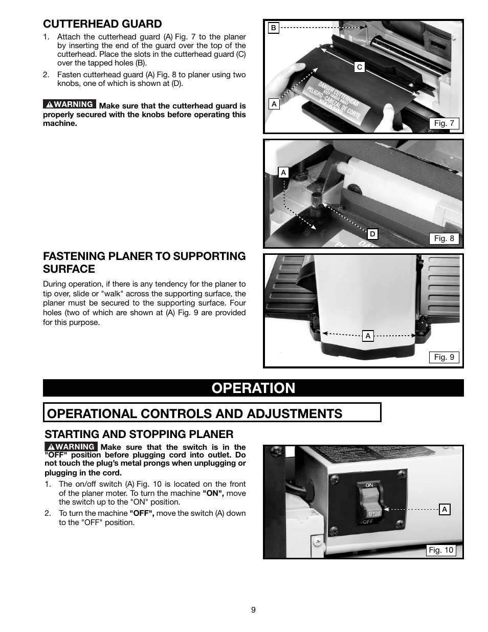 Operation, Operational controls and adjustments, Cutterhead guard | Fastening planer to supporting surface, Starting and stopping planer | Delta TP305 User Manual | Page 9 / 49