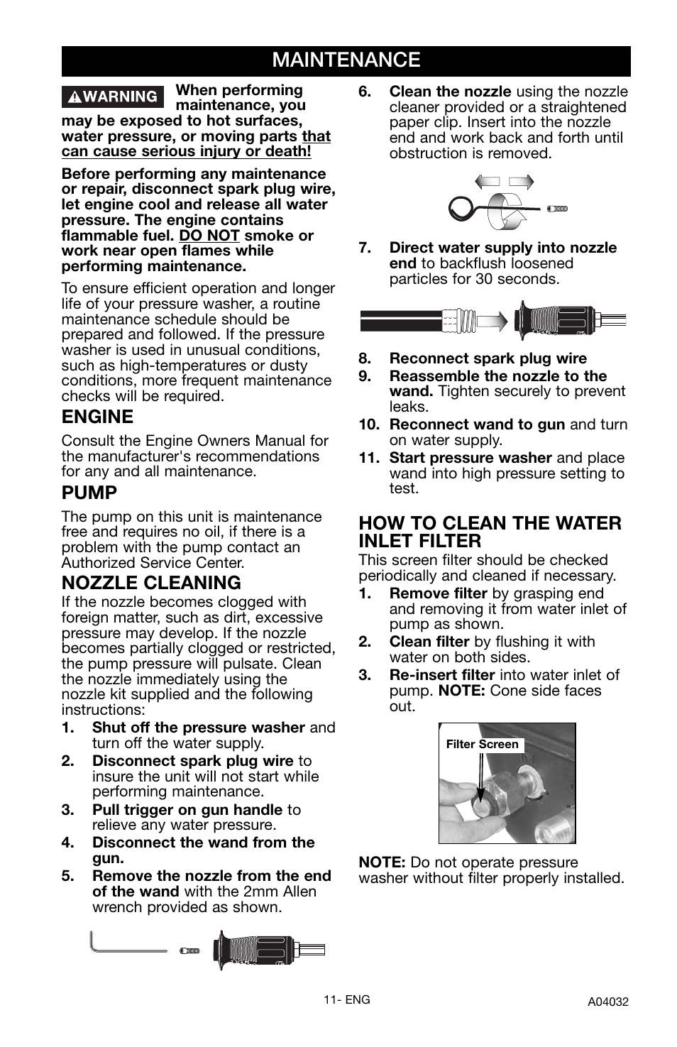Maintenance, How to clean the water inlet filter, Engine | Pump, Nozzle cleaning | Delta DTT2450 User Manual | Page 11 / 16