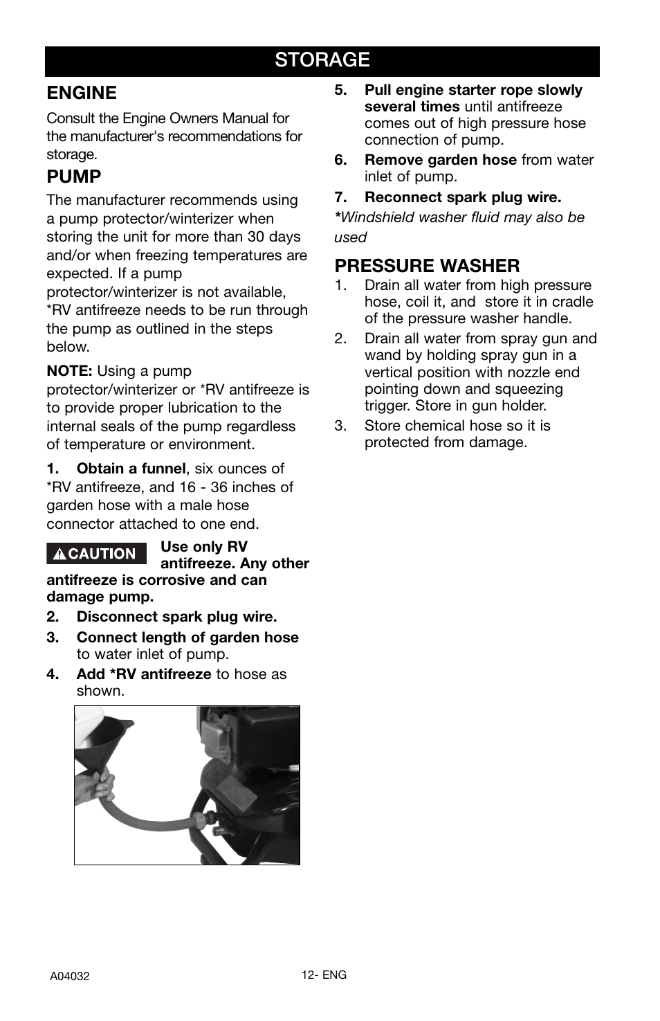 Storage, Engine, Pump | Pressure washer | Delta DTT2450 User Manual | Page 12 / 16