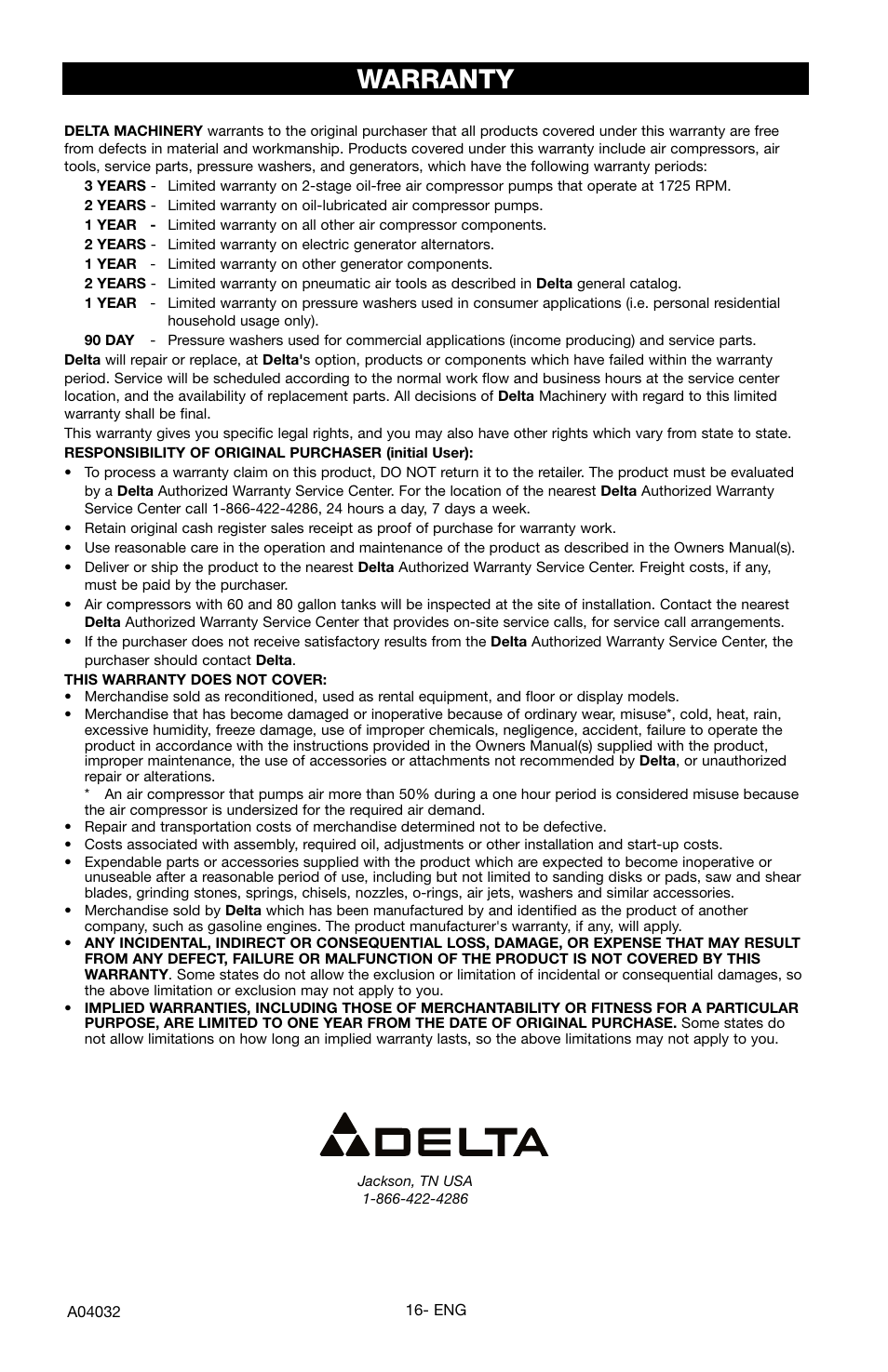 Warranty | Delta DTT2450 User Manual | Page 16 / 16