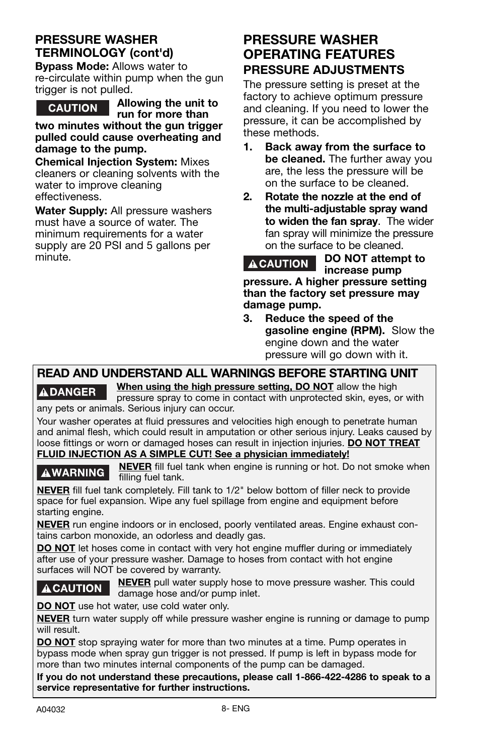 Pressure washer operating features, Pressure washer terminology (cont'd), Pressure adjustments | Delta DTT2450 User Manual | Page 8 / 16