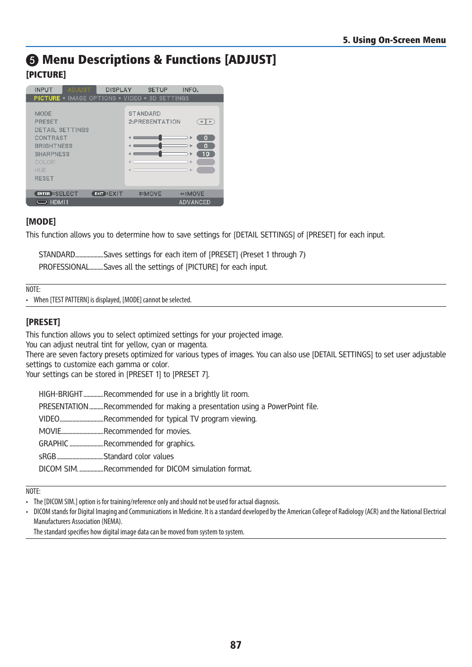 Menu descriptions & functions [adjust, Picture | Ricoh PJ WU6181N 6200-Lumen WUXGA LCD Projector (No Lens) User Manual | Page 102 / 268