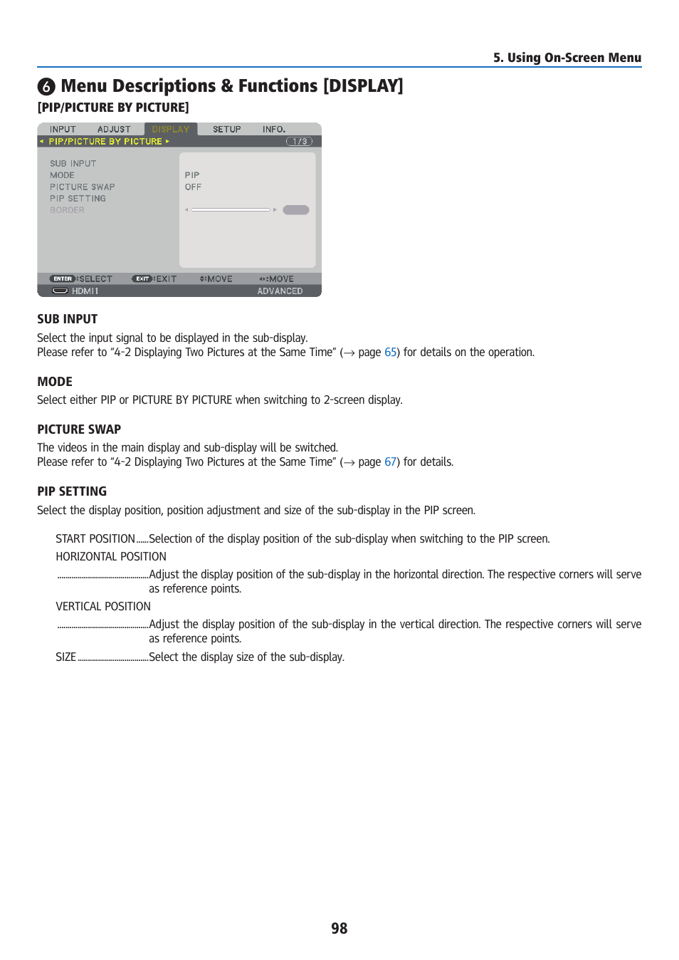 Menu descriptions & functions [display, Pip/picture by picture | Ricoh PJ WU6181N 6200-Lumen WUXGA LCD Projector (No Lens) User Manual | Page 113 / 268