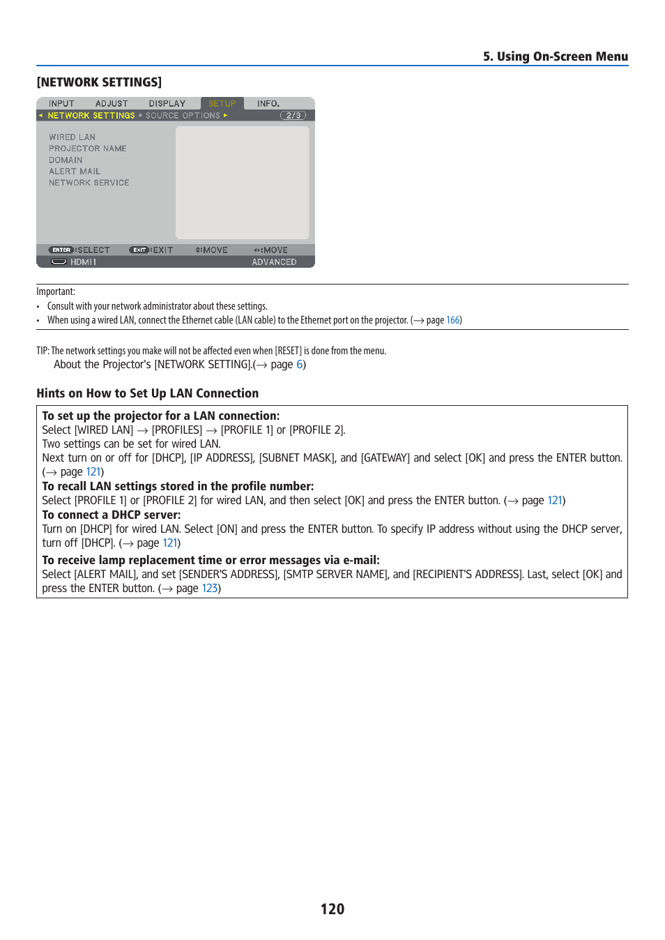 Network settings | Ricoh PJ WU6181N 6200-Lumen WUXGA LCD Projector (No Lens) User Manual | Page 135 / 268
