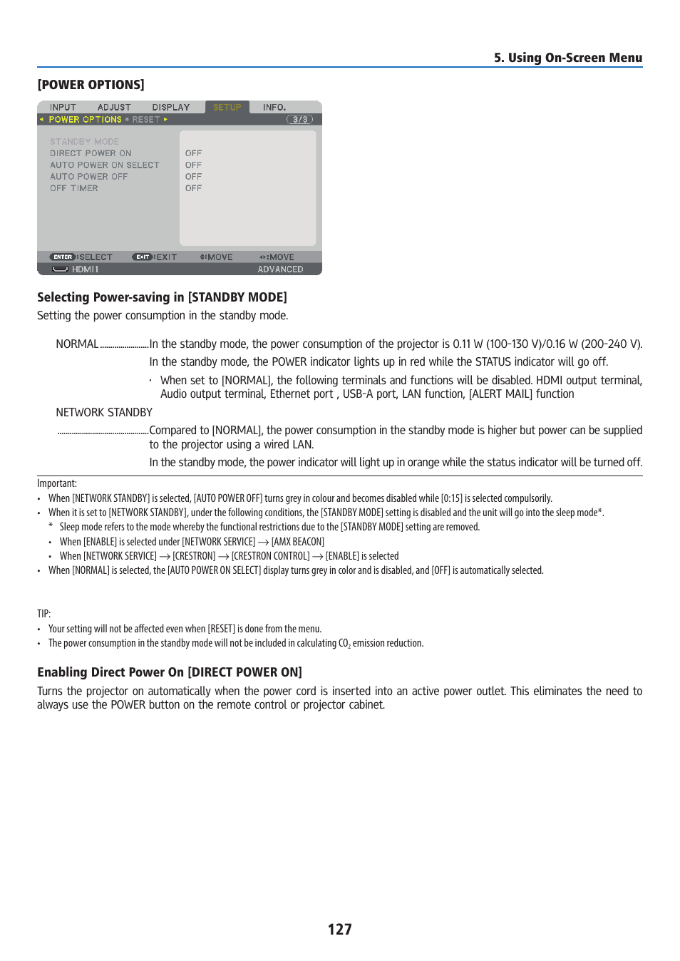 Power options | Ricoh PJ WU6181N 6200-Lumen WUXGA LCD Projector (No Lens) User Manual | Page 142 / 268