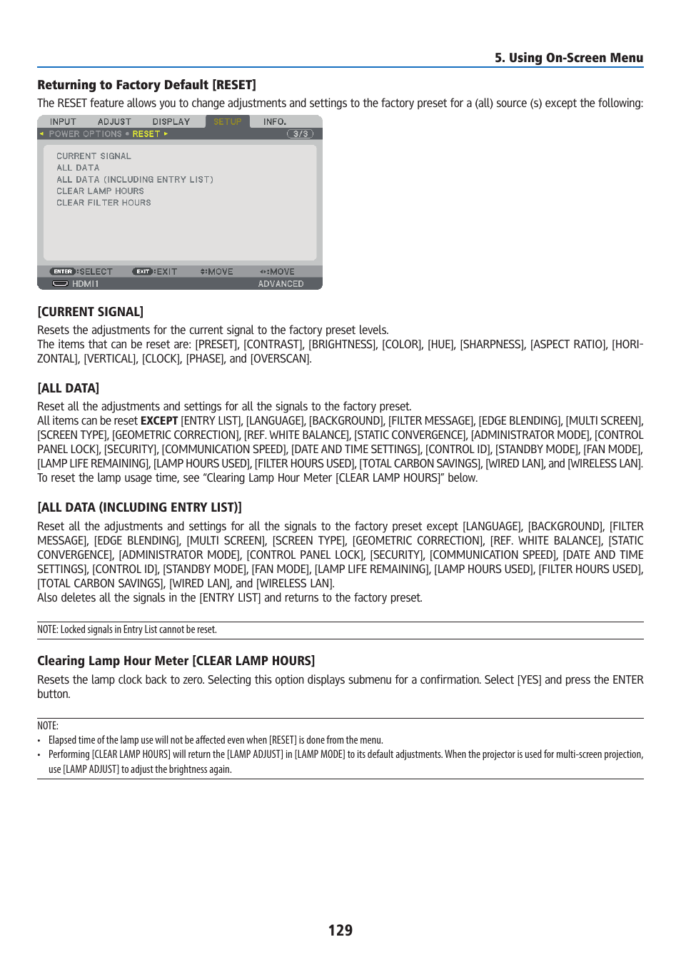 Returning to factory default [reset | Ricoh PJ WU6181N 6200-Lumen WUXGA LCD Projector (No Lens) User Manual | Page 144 / 268