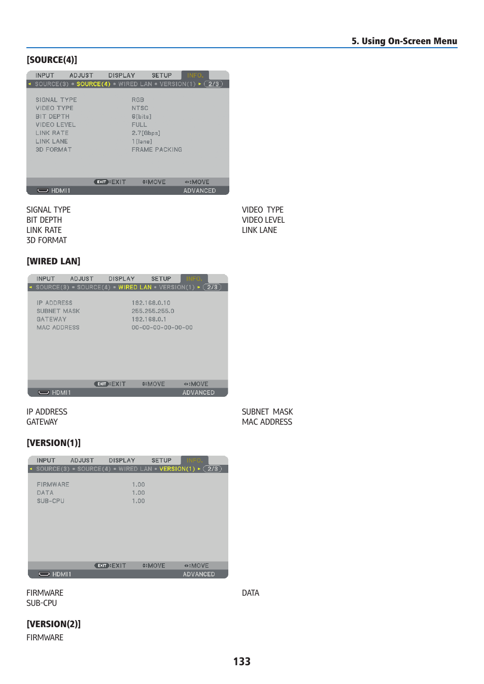 Source(4), Wired lan, Version(1) | Version(2) | Ricoh PJ WU6181N 6200-Lumen WUXGA LCD Projector (No Lens) User Manual | Page 148 / 268