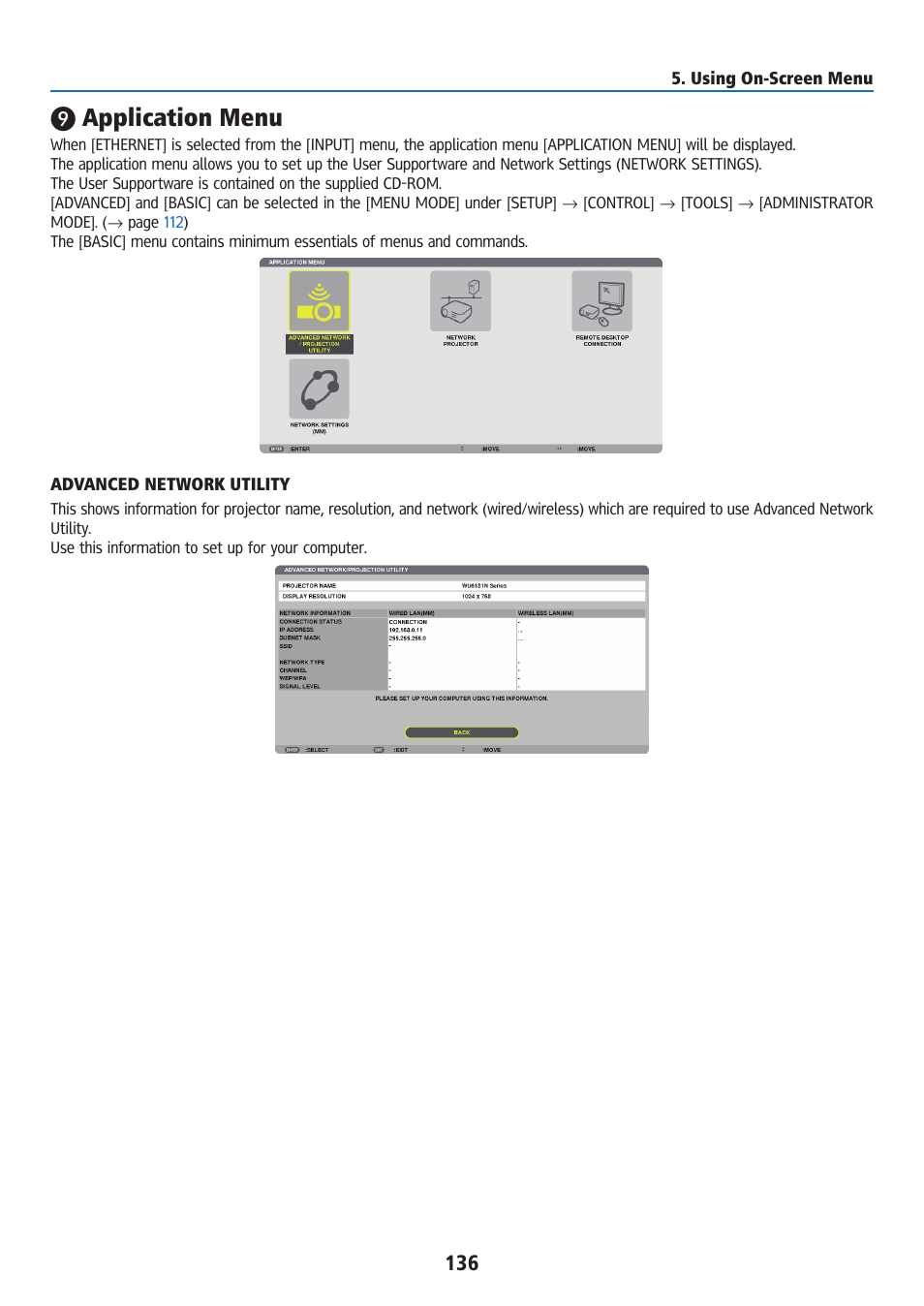 Application menu, Advanced network utility | Ricoh PJ WU6181N 6200-Lumen WUXGA LCD Projector (No Lens) User Manual | Page 151 / 268